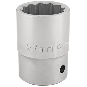 A Draper 12 Point Socket, 3/4" Sq. Dr., 27mm - T-MM/B, made of chrome vanadium steel with a textured interior, polished finish, and a small hole on the lower side.