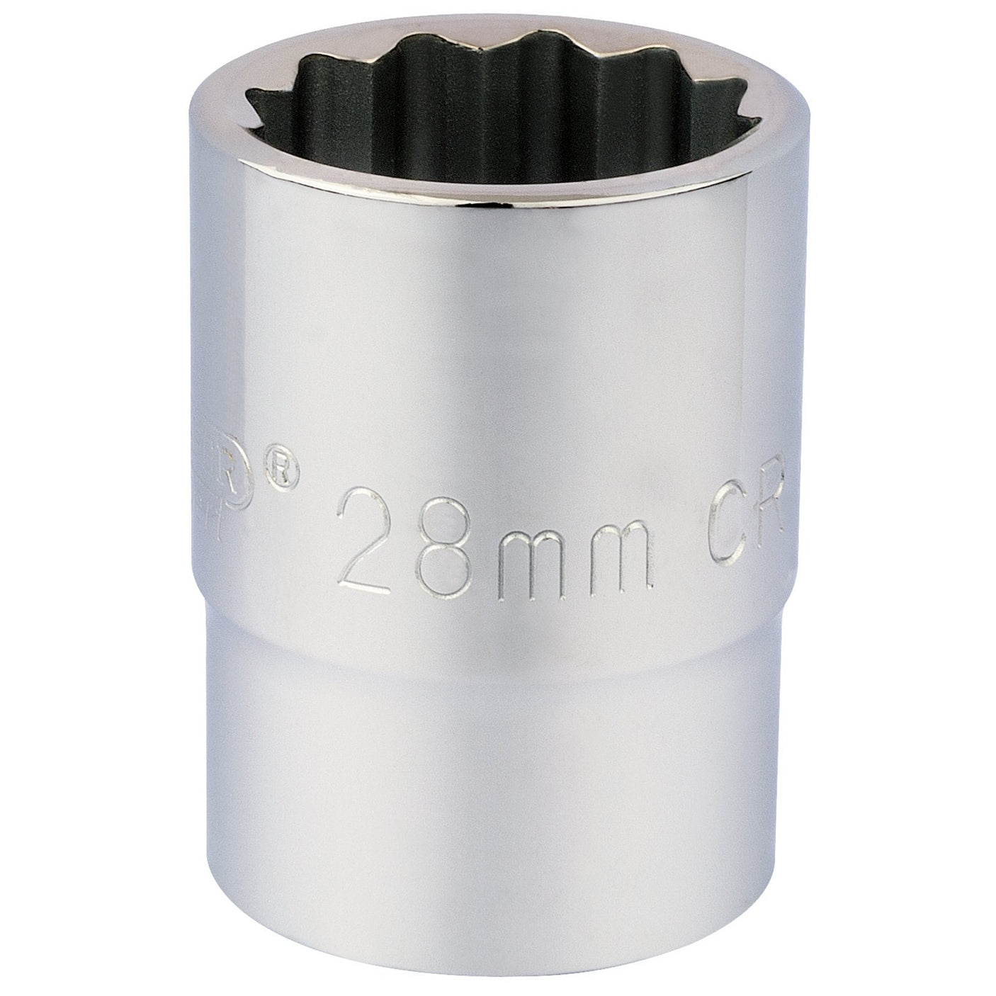 Close-up of the Draper 12 Point Socket, 3/4" Sq. Dr., 28mm - T-MM/B made from chrome vanadium steel with "28mm CR" engraved on it. The interior has a multi-sided design for gripping nuts and bolts, complemented by a polished finish.