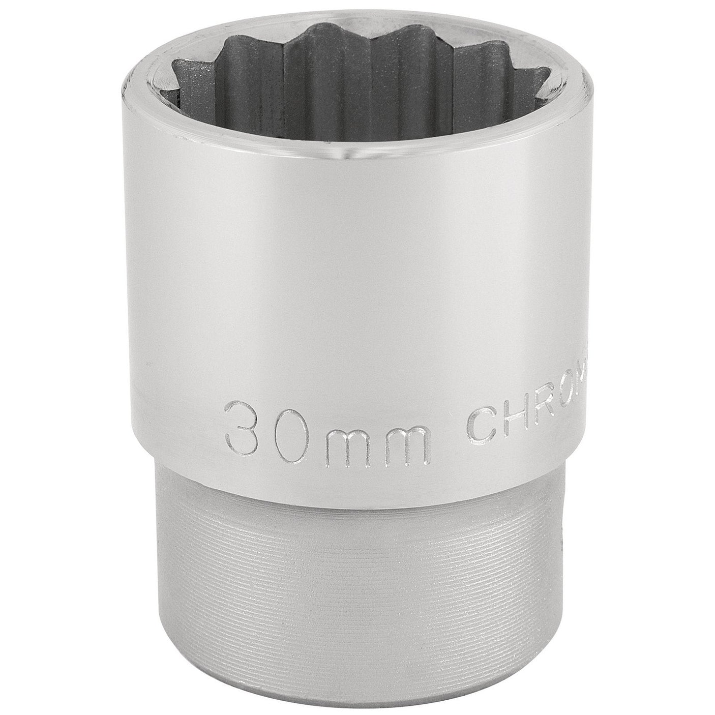 The Draper 12 Point Socket, 3/4" Sq. Dr., 30mm - T-MM/B is a robust 30mm socket wrench attachment crafted from durable chrome vanadium steel, featuring a polished finish and a ridged internal design for enhanced grip.