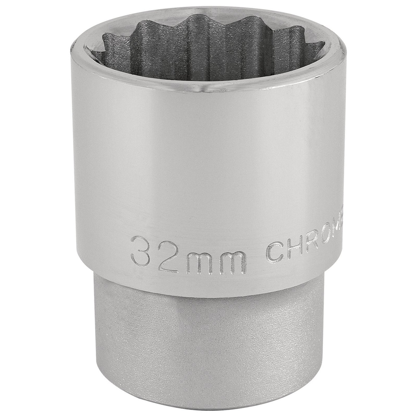 The Draper 12 Point Socket, 3/4" Sq. Dr., 32mm - T-MM/B is made from chrome vanadium steel and features a textured interior for better grip on hardware, adhering to DIN3122 standards.