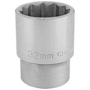 The Draper 12 Point Socket, 3/4" Sq. Dr., 32mm - T-MM/B is made from chrome vanadium steel and features a textured interior for better grip on hardware, adhering to DIN3122 standards.