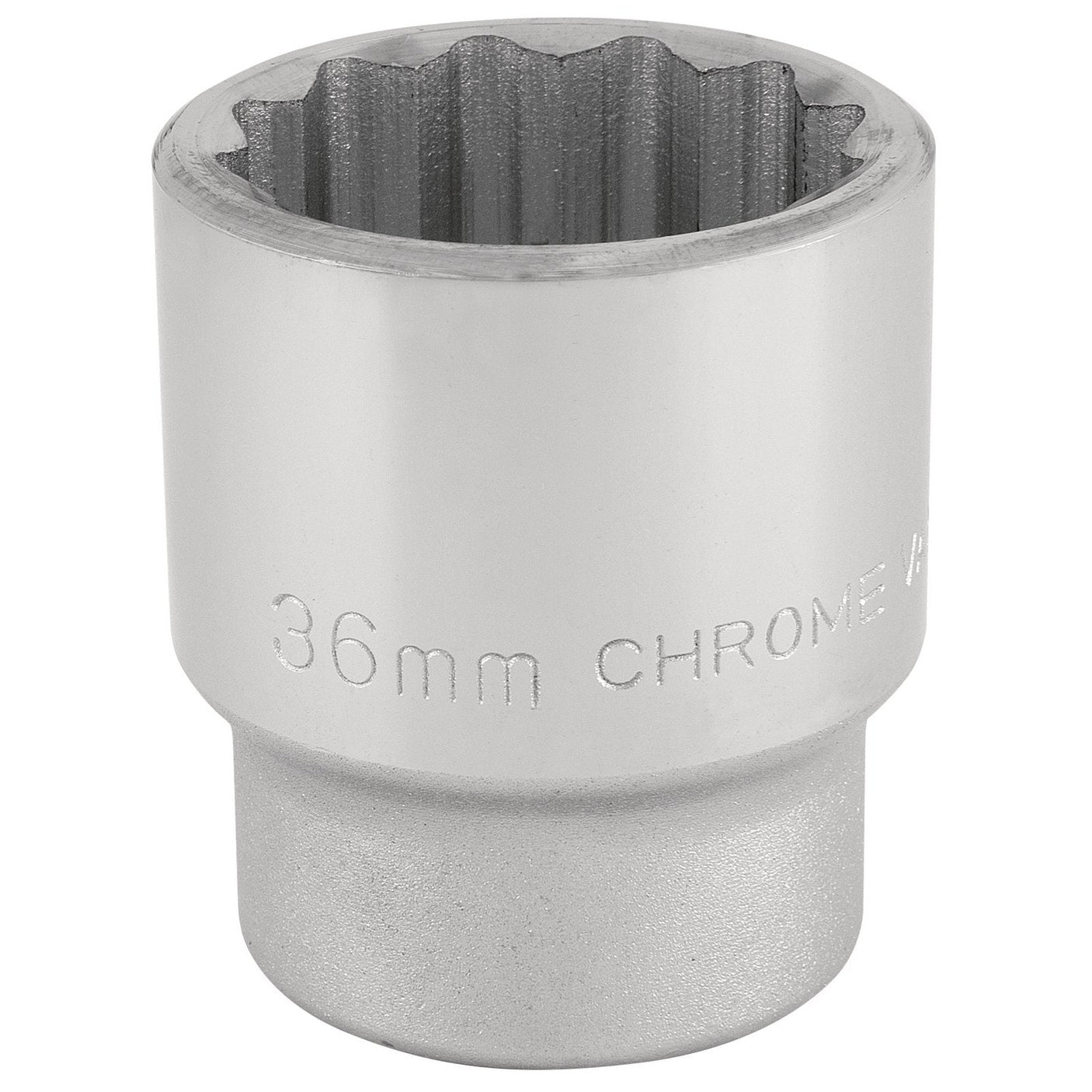 The Draper 12 Point Socket, 3/4" Sq. Dr., 36mm - T-MM/B, featuring a polished finish chrome vanadium steel construction and a twelve-point profile, is used for automotive and mechanical applications.