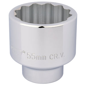 The Draper 12 Point Socket, 3/4" Sq. Dr., 55mm - T-MM/B, crafted from chrome vanadium steel and engraved with "55mm," is specifically designed for heavy-duty use, ensuring Expert Quality performance.