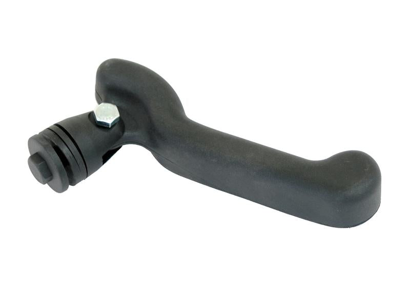 The Door Handle (Sparex Part Number: S.167103) by Sparex is a black plastic crank handle featuring a metal bolt and rotating mechanism on one end, ideal for fitting on LH machinery.