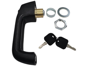 The Sparex Outer Door Handle RH & LH (Part Number: S.167104) in black, comes with two keys and three metal rings, set against a white background, making it perfect for easy fitting across various applications.