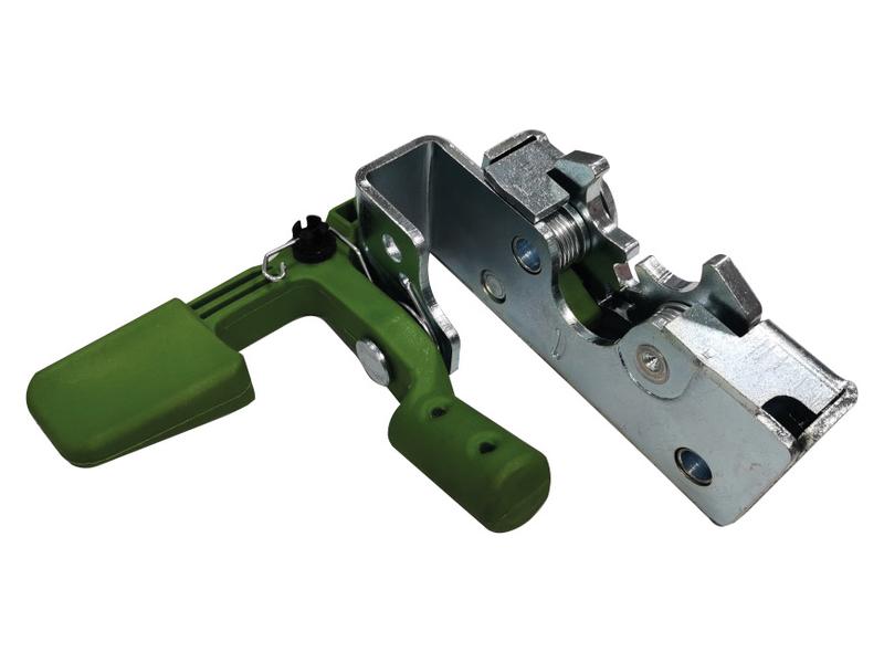 An Inner Door Lock LH (Sparex Part Number: S.167106) from Sparex, featuring a metal latch clamp with a green handle, is typically used for securing doors or panels.