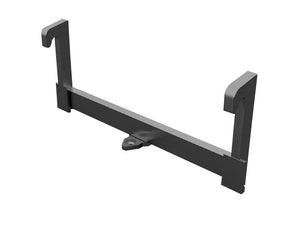 The Loader Quick Attachment Bracket, Replacement for Merlo (Sparex Part Number: S.167119), is a black, U-shaped metal bracket from Sparex featuring hooks at the top ends and a small protruding hole in the center at the bottom, making it an ideal alternative for various applications.