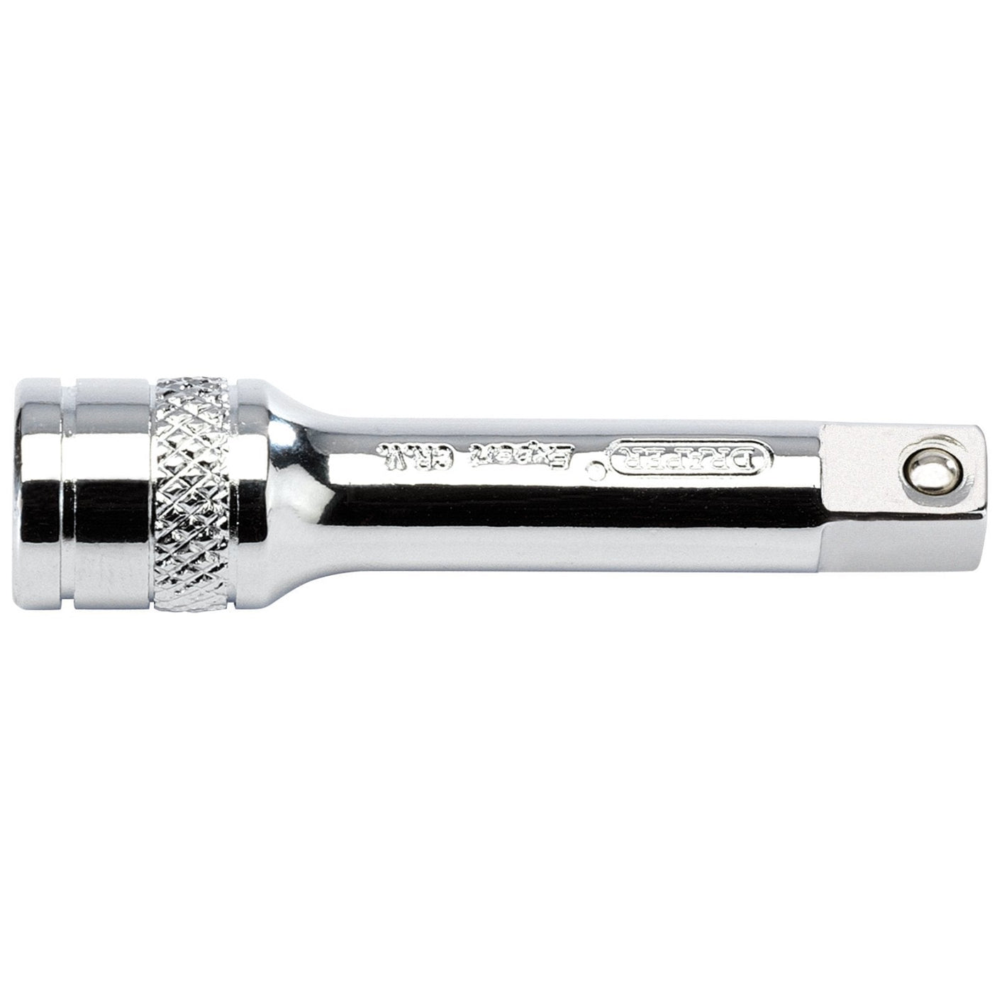 Introducing the Draper Extension Bar, 1/4" Square Drive, 50mm - B-EXT/B: a durable chrome vanadium steel socket wrench extension with a polished finish. It features a square drive end and has a knurled grip in the middle for comfortable handling, along with a spring-loaded ball bearing for secure attachment.