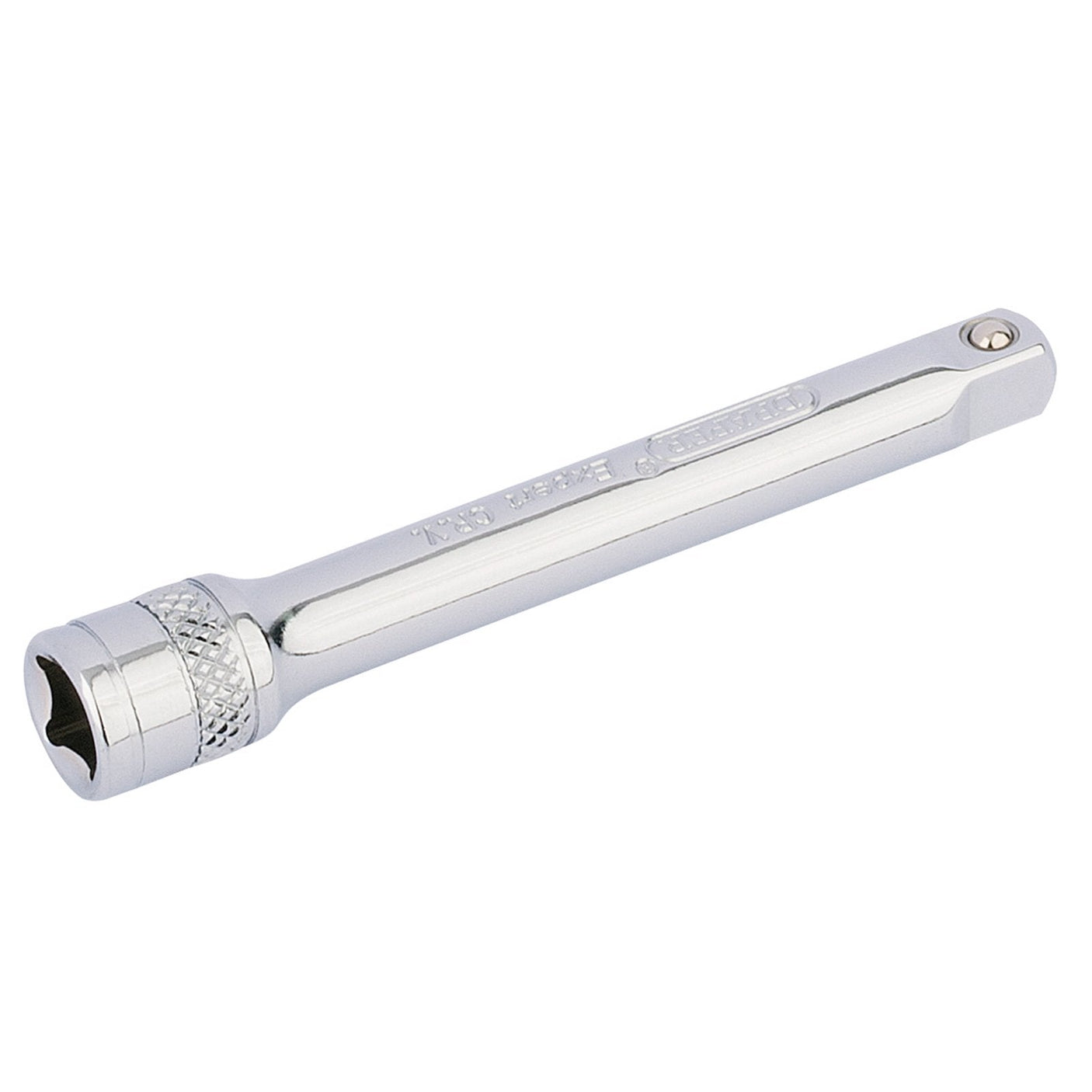 Introducing the Draper Extension Bar, 1/4" Sq. Dr., 75mm - B-EXT/B, featuring chrome vanadium steel construction, a knurled grip section for enhanced handling, and a spring-loaded ball bearing for secure socket holding.