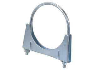 A silencer clamp featuring a U-shaped bolt and bracket, secured by two nuts at the bottom. Designed with M8x1.25 Metric Fine threading, this high-quality component with a diameter of 115mm is also available from Sparex under Part Number S.167136.