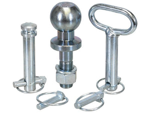 A variety of metal hitch pins, including the sturdy linch pin and versatile ball hitch pin, along with a hitch ball attachment, are displayed on a white background. This set is part of the Replacement Pins Kit (Sparex Part Number: S.167137) by Sparex.