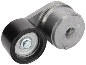 A Sparex Belt Tensioner (Part No. S.167141) featuring a metallic build, black pulley, and cylindrical component, compatible with Massey Ferguson machines.