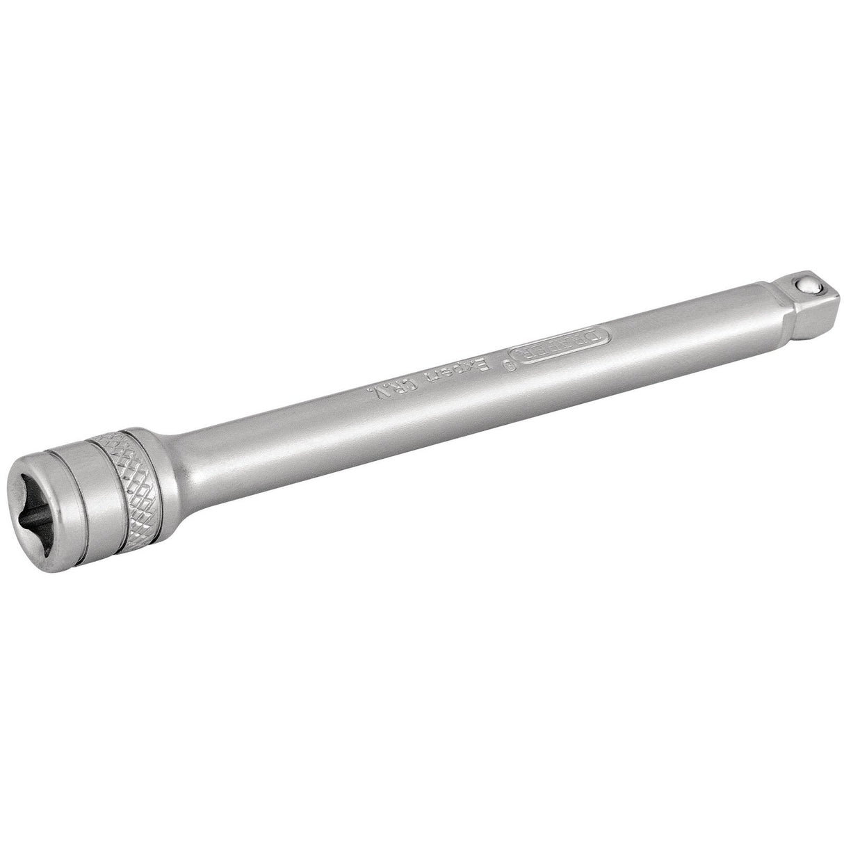 The Draper Expert Wobble Extension Bar, 1/4" Sq. Dr., 100mm, Micro Satin Chrome - B-WEXT/MS is a silver, long-handled socket extension tool made of Chrome vanadium steel with a knurled section near the square drive end, designed to meet the DIN3122 standard.