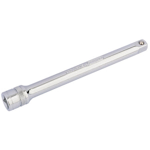 The Draper Extension Bar, 3/8" Sq. Dr., 150mm - D-EXT/B is crafted from chrome vanadium steel with a shiny finish, featuring a square drive connector on one end and a knurled ring and socket receptor on the other for secure grip.