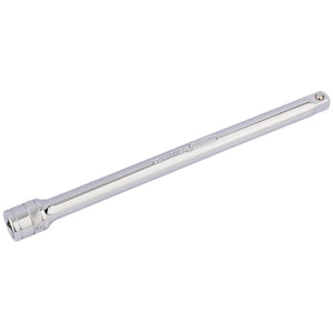 The Draper Extension Bar, 3/8" Sq. Dr., 200mm - D-EXT/B is a chrome-colored tool made from durable chrome vanadium steel, featuring a textured extra grip on one end and a secure socket holding point on the other end.