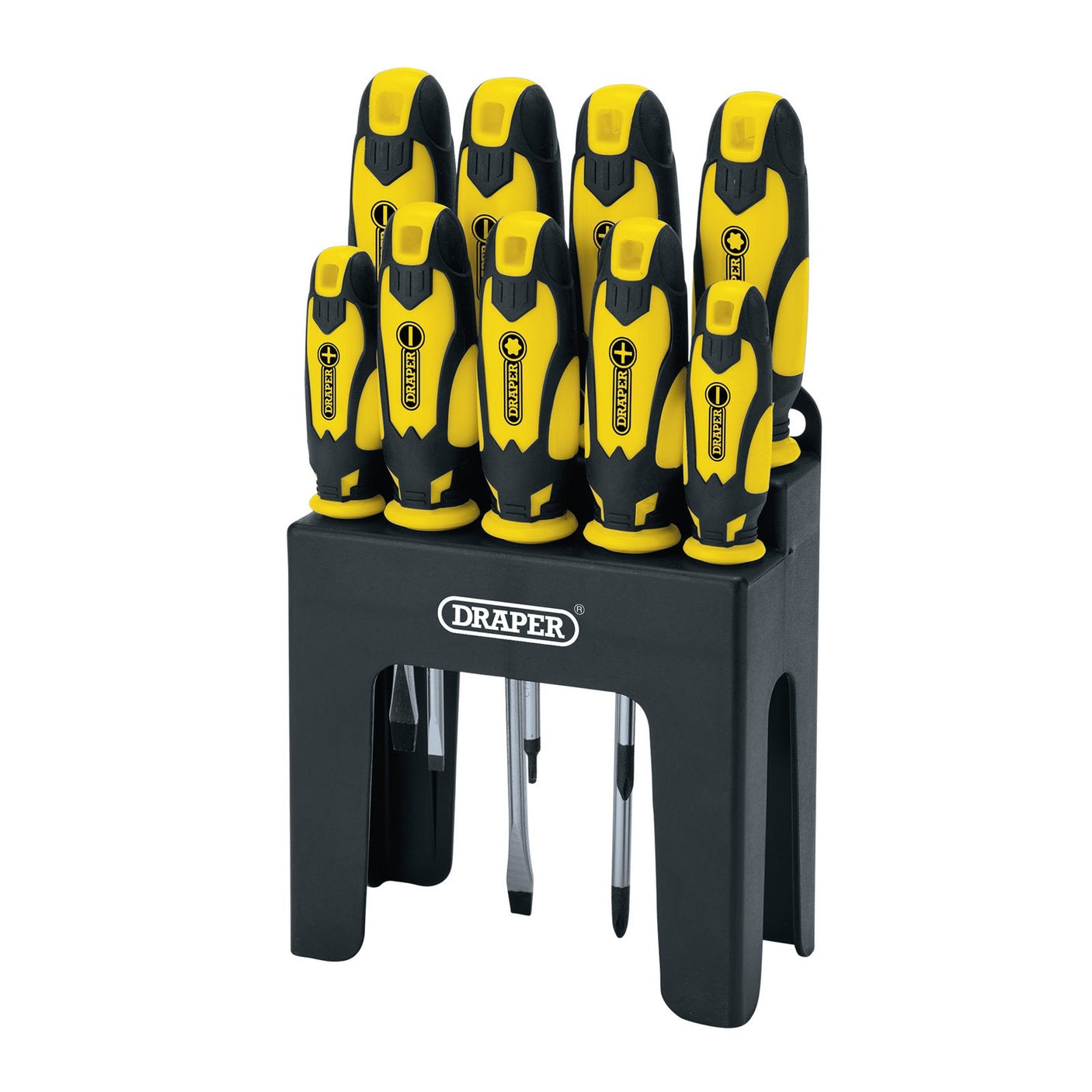 A set of nine yellow Draper Soft Grip Screwdrivers in a black stand, marked "Draper.