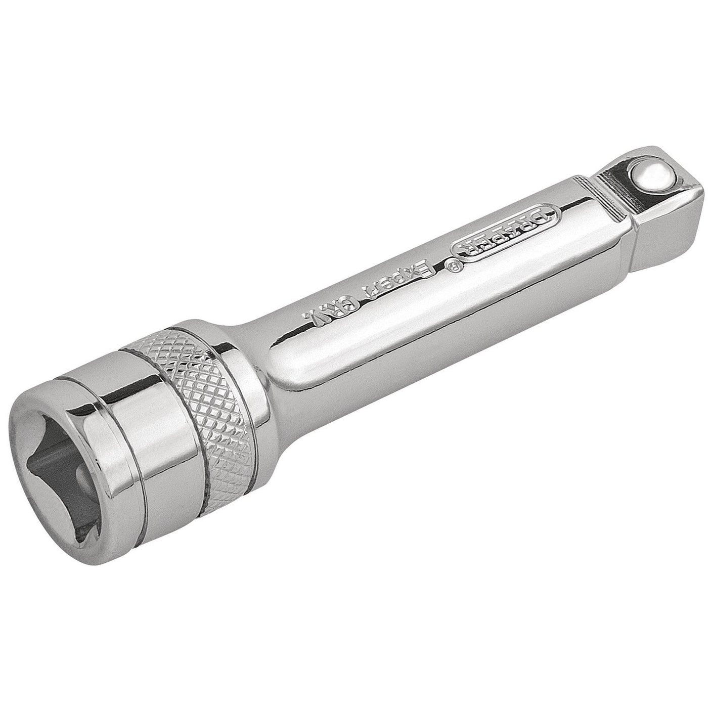 The Draper Wobble Extension Bar, 3/8" Sq. Dr., 75mm - D-WEXT is a chrome-plated tool featuring a knurled grip and built from durable chrome vanadium steel, designed to extend your reach for tightening or loosening nuts and bolts.