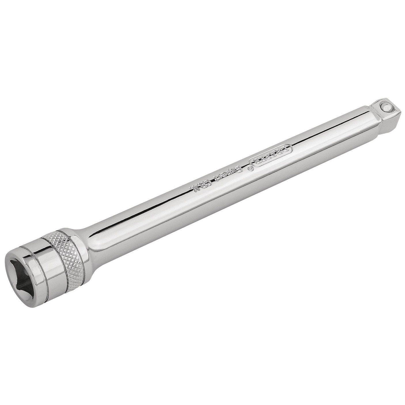 The Draper Wobble Extension Bar, featuring a 3/8" square drive end and a 150mm length, is crafted from chrome vanadium steel and includes a knurled grip section for secure socket holding.