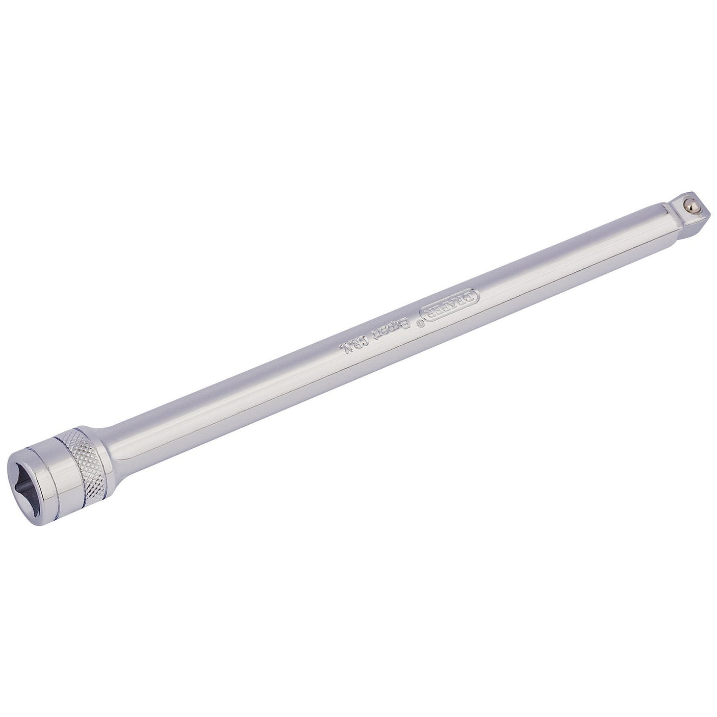 The Draper Wobble Extension Bar, 3/8" Sq. Dr., 200mm - D-WEXT, is a chrome-plated socket extension bar made of durable chrome vanadium steel, featuring a square drive end and a hexagonal socket on the other end for extra grip.