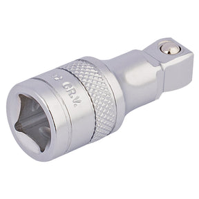The Draper Satin Chrome Wobble Extension Bar, crafted from durable chrome vanadium steel, features a knurled grip and a square socket on one end, with a 3/8" square drive and ball detent on the other end.