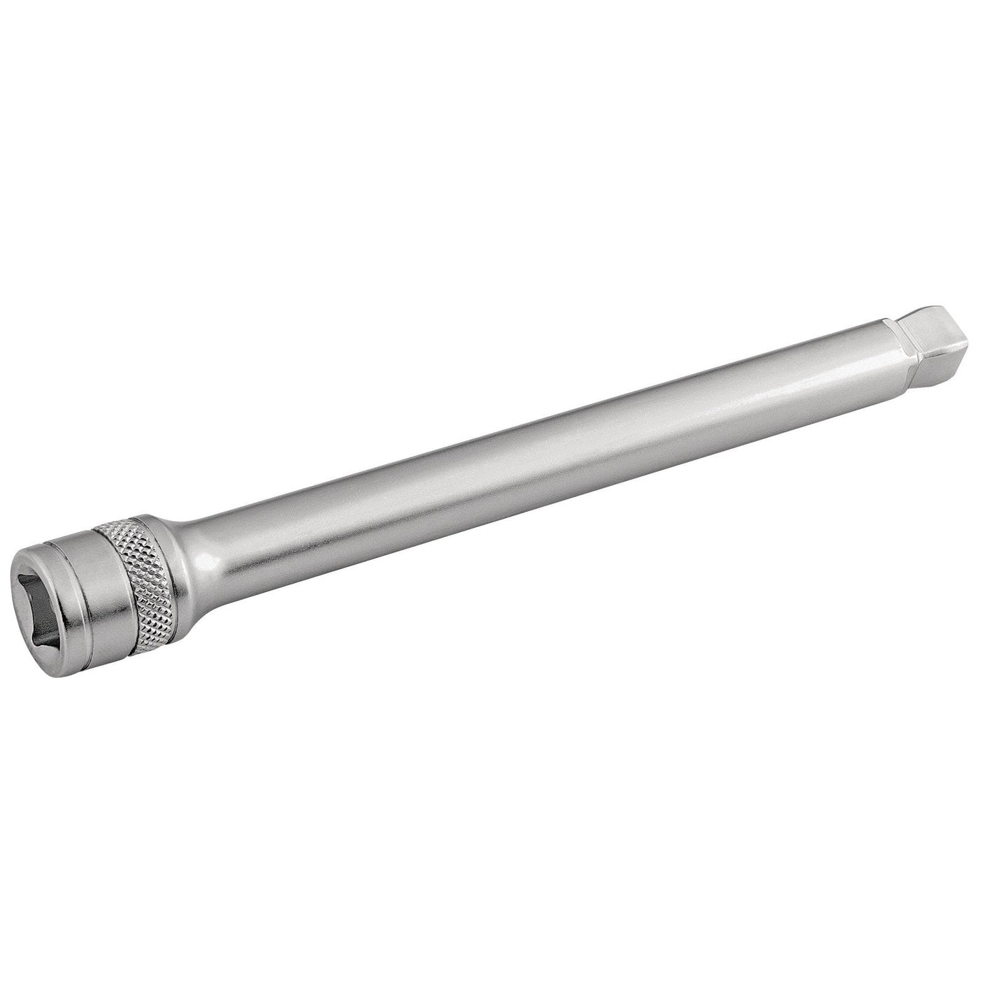 The Draper Satin Chrome Wobble Extension Bar, 3/8" Sq. Dr., 150mm - D-WEXT/MS is a silver, cylindrical extension bar made from durable chrome vanadium steel. It features a knurled grip section for extra grip and a square drive at one end for attaching to a socket wrench.