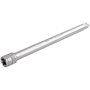 The Draper Extension Bar, 1/2" Sq. Dr., 250mm - H-EXT/B, crafted from durable chrome vanadium steel and featuring engraved text on the side, ensures secure socket retention with its knurled ring design.