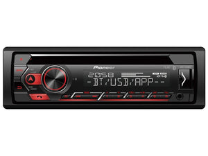 The Sparex Radio (DEH-S420BT) car stereo features a digital display, control buttons, and a large volume knob. The display shows text "BT/USB/APP," reflecting its versatile inputs including Spotify integration. The sleek red and black color scheme enhances its modern look. Enjoy seamless connectivity with built-in Bluetooth for an enhanced audio experience.