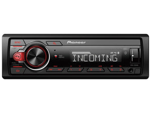 A Sparex Radio - DAB+ (MVH-330DAB) car stereo system displaying the word "INCOMING" on its digital screen. The Bluetooth-enabled device features buttons, a dial, and red accents.