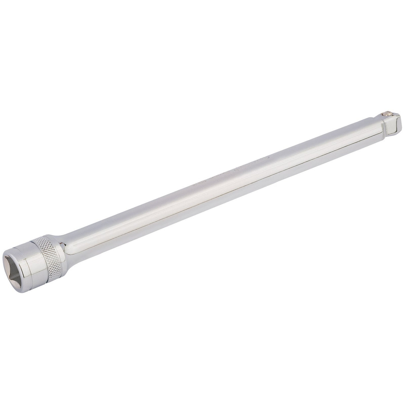 The Draper Wobble Extension Bar, 1/2" Sq. Dr., 250mm - H-WEXT, is a long, metallic socket wrench tool made from chrome vanadium steel with a hexagonal head on one end and a square connector on the other end, featuring secure socket holding for reliable performance.