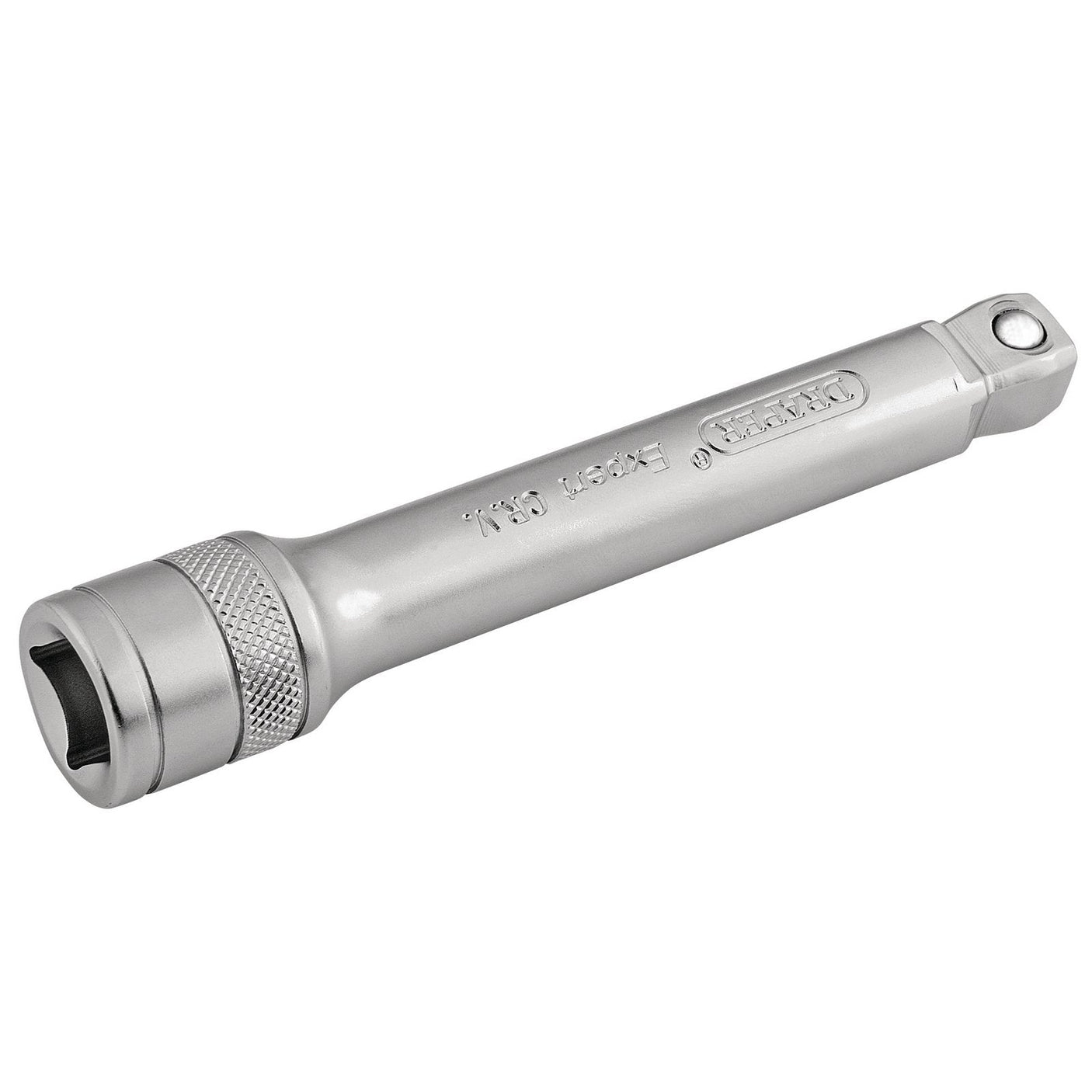 A Draper Satin Chrome Wobble Extension Bar, 1/2" Sq. Dr., 125mm (H-WEXT/MS), featuring a micro satin finish, textured grip, and hexagonal opening on one end.