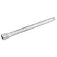 The Draper Satin Chrome Wobble Extension Bar, 1/2" Sq. Dr., 250mm - H-WEXT/MS, is a chrome-finished metal socket wrench extension bar made from durable chrome vanadium steel and features a knurled ring, shown on a white background.