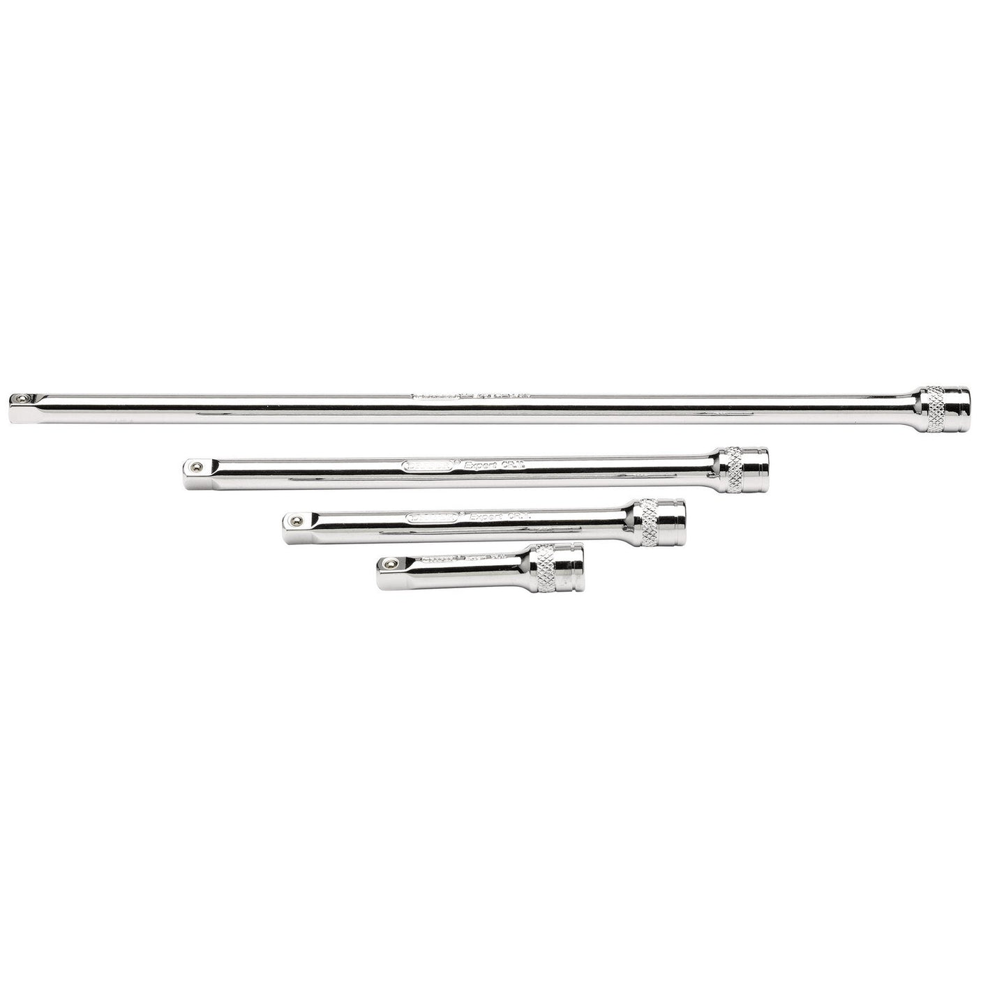 The Draper Extension Bar Set, 1/4" Sq. Dr., Polished Chrome (4 Piece) - B-EXT/B/4 features four metallic extension bars made of chrome vanadium steel, each equipped with a knurled ring for secure socket holding, displayed horizontally against a white background.