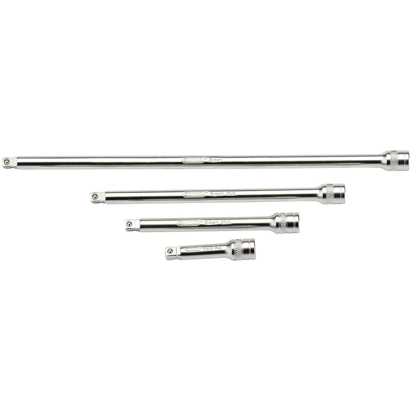 The Draper Wobble Extension Bar Set, featuring four micro satin chrome vanadium steel socket extension bars of expert quality, is aligned horizontally in descending size order from top to bottom.