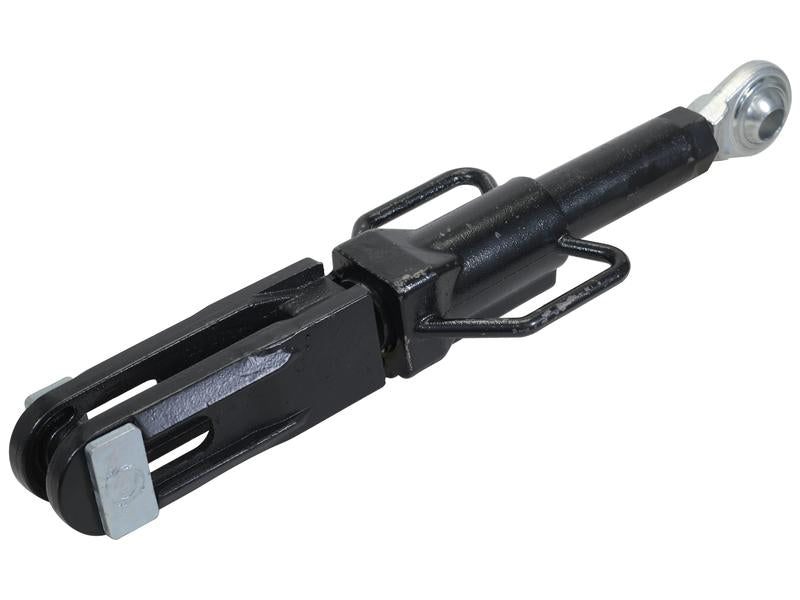 Black Levelling Box Assembly from Sparex, with an eyebolt diameter of 28mm and a fork hole diameter of 28mm, featuring a piston rod extending out from one end, a clevis attachment, Sparex End Fittings, and a rod end bearing. The assembly has a minimum length of 625mm and an M30x3.5 metric thread size.