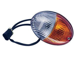 A Sparex Front Combination Light (Halogen), 12/24V, LH, Straight featuring clear and amber sections, connected to a black electrical wire and plug. Designed with a halogen light for brighter illumination.