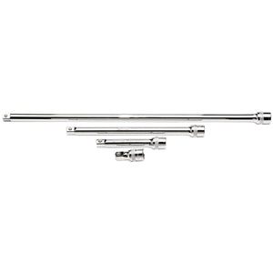 The Draper Extension Bar Set, 1/2" Sq. Dr., Polished Chrome (4 Piece) - H-EXT/B/4 features four socket extension bars of varying lengths with a knurled ring for enhanced grip, horizontally aligned against a white background.