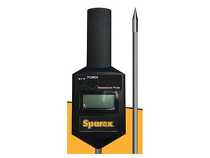 A Portable Bale Tester, Sparex Part S.167705, featuring a black digital temperature probe with a pointed metal sensor and the "Sparex" brand name on the front. The display is currently off.