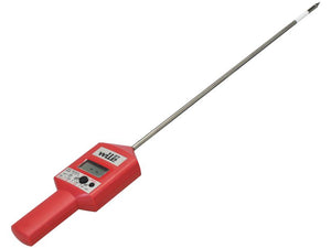 A red Hay Moisture Tester - Portable by Sparex (Part Number: S.167707), which features a long stainless steel probe and a digital display, comes under Tariff Code 9025808090.