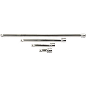 Four micro satin chrome Draper wobble extension bars, part of a 1/2" square drive set and crafted from durable materials, are arranged parallel to each other on a white background.