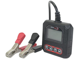 A Pro Battery Tester (T3) 12V from Sparex, featuring an LCD screen and two alligator clips—one red and one black—is shown against a white background. This tester, identified by Sparex Part Number S.167718, is perfect for various battery types, including AGM.