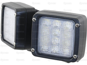 A pair of Sparex LED Work Lights, model S.167721, featuring clear lenses and black housings designed for outdoor use. Each light boasts multiple LEDs arranged in a grid pattern and delivers 6600 lumens of raw light output. The work lights are CE approved for safety and quality, operating within a voltage range of 10-30V and classified as Interference Class 5.