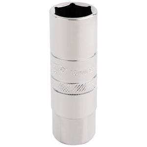 The Draper 10mm Thread 6 Point Spark Plug Socket, 3/8" Sq. Dr., 16mm - DT-PLUG/B, is a silver, cylindrical socket made from chrome vanadium steel with a notched end for hex fasteners and a knurled grip for enhanced control.