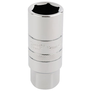 The Draper 12mm Thread 6 Point Spark Plug Socket, 3/8" Sq. Dr., 18mm - DT-PLUG/B is a hexagonal chrome vanadium steel tool with a knurled grip and polished finish. It features brand details and size specifications for added convenience.