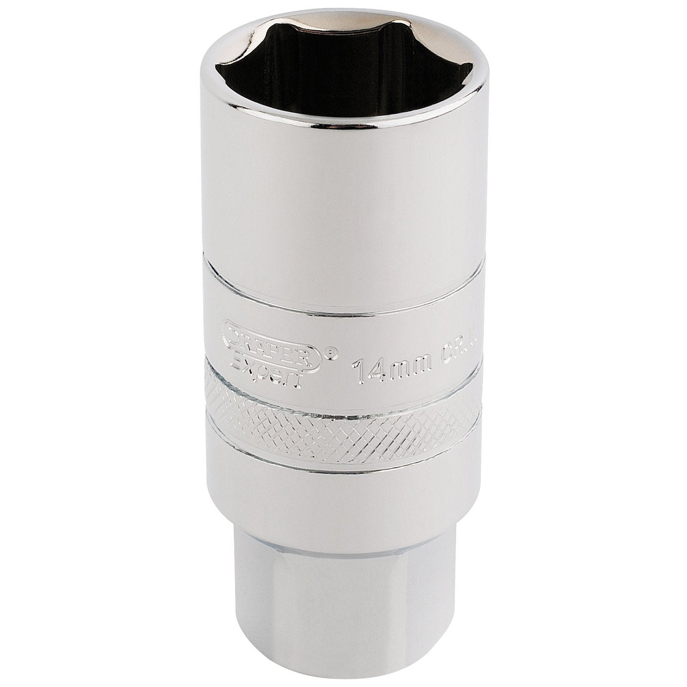 The Draper 14mm Thread 6 Point Spark Plug Socket, 3/8" Sq. Dr., 21mm - DT-PLUG/B is displayed against a white background, highlighting its chrome vanadium steel construction and knurled grip, ensuring durability and strength.