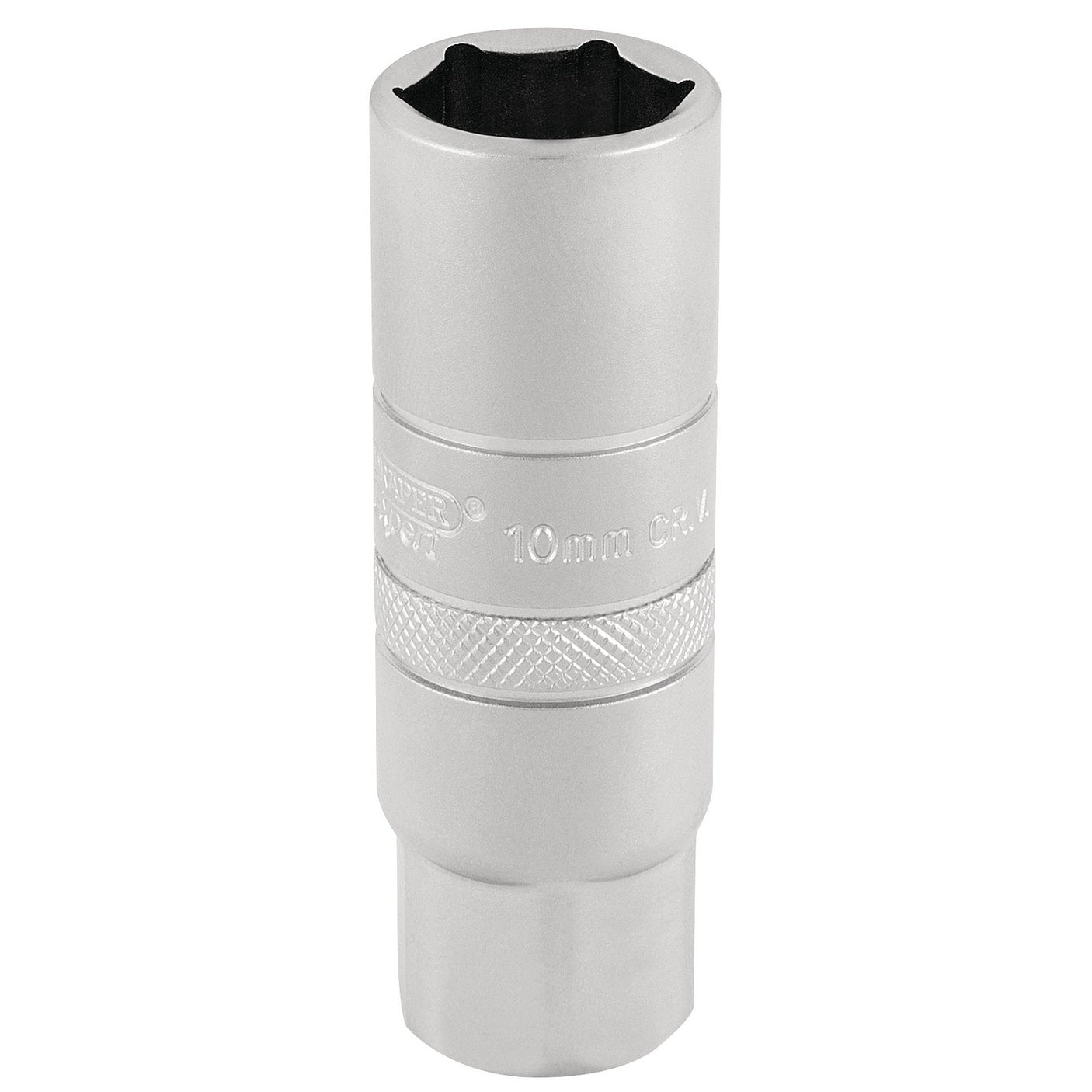 The Draper 10mm Thread 6 Point Satin Chrome Spark Plug Socket, 3/8" Sq. Dr., 16mm - DT-PLUG/MS is a chrome vanadium steel socket with a knurled grip band and a hexagonal opening, ideal for tightening or loosening bolts and nuts.