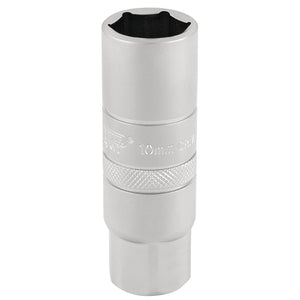 The Draper 10mm Thread 6 Point Satin Chrome Spark Plug Socket, 3/8" Sq. Dr., 16mm - DT-PLUG/MS is a chrome vanadium steel socket with a knurled grip band and a hexagonal opening, ideal for tightening or loosening bolts and nuts.