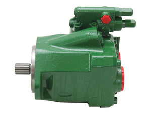 A Sparex Hydraulic Pump (Sparex Part No. S.167767) features a green exterior, a cylindrical metallic shaft extending from one end, and three red-capped ports on its body, delivering reliable performance akin to that found in John Deere machinery.