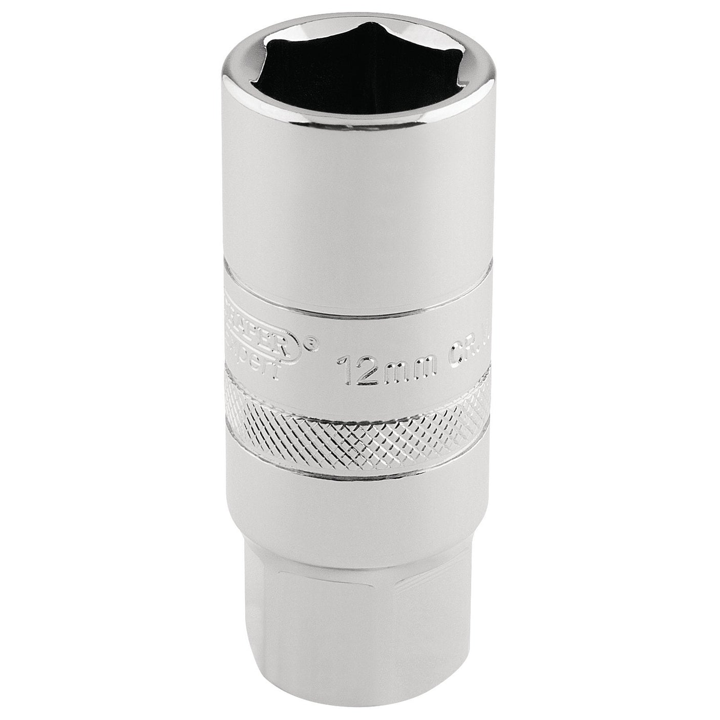 A Draper 12mm Thread 6 Point Spark Plug Socket, model HT-PLUG/B, featuring a hexagonal opening and knurled grip for enhanced control.