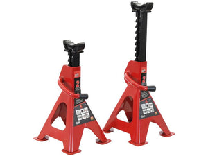 Two red and black Sparex Axle Stands (Sparex Part Number: S.167809) are positioned next to each other, with visible weight capacity labels indicating 2000KGs and a Safe Working Load. TUV-GS certified for added safety.