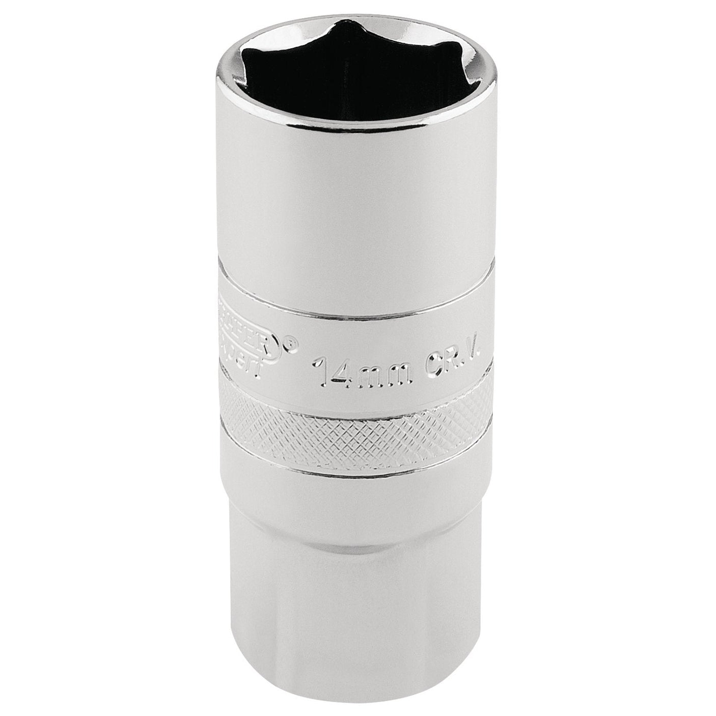 A Draper 14mm Thread 6 Point Spark Plug Socket with a hexagonal opening and knurled grip, designed for mechanical use, made of polished chrome vanadium steel (1/2" Sq. Dr., 21mm) - HT-PLUG/B.